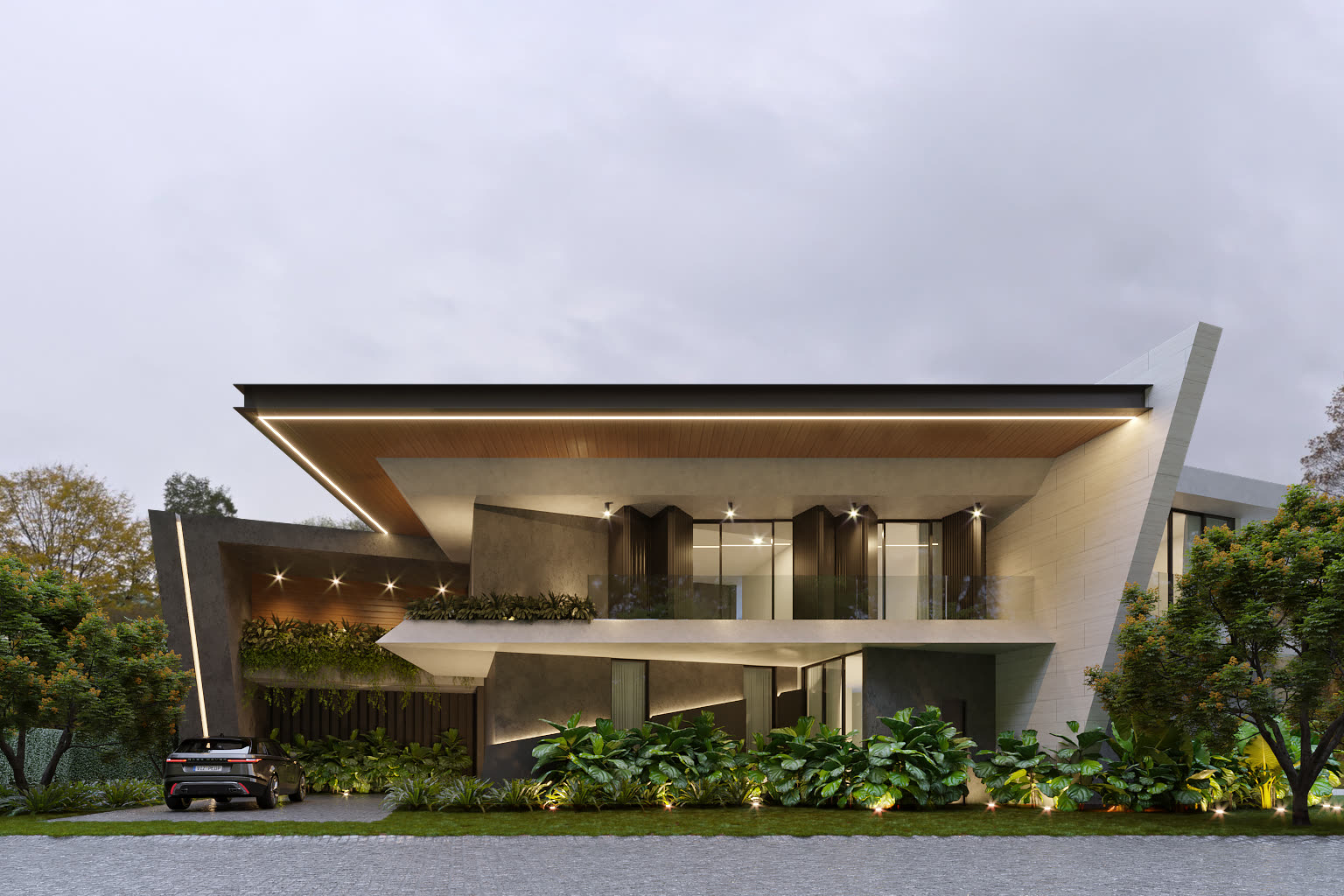 Fachada frontal de Casa Algarrobo con jardinería y acceso