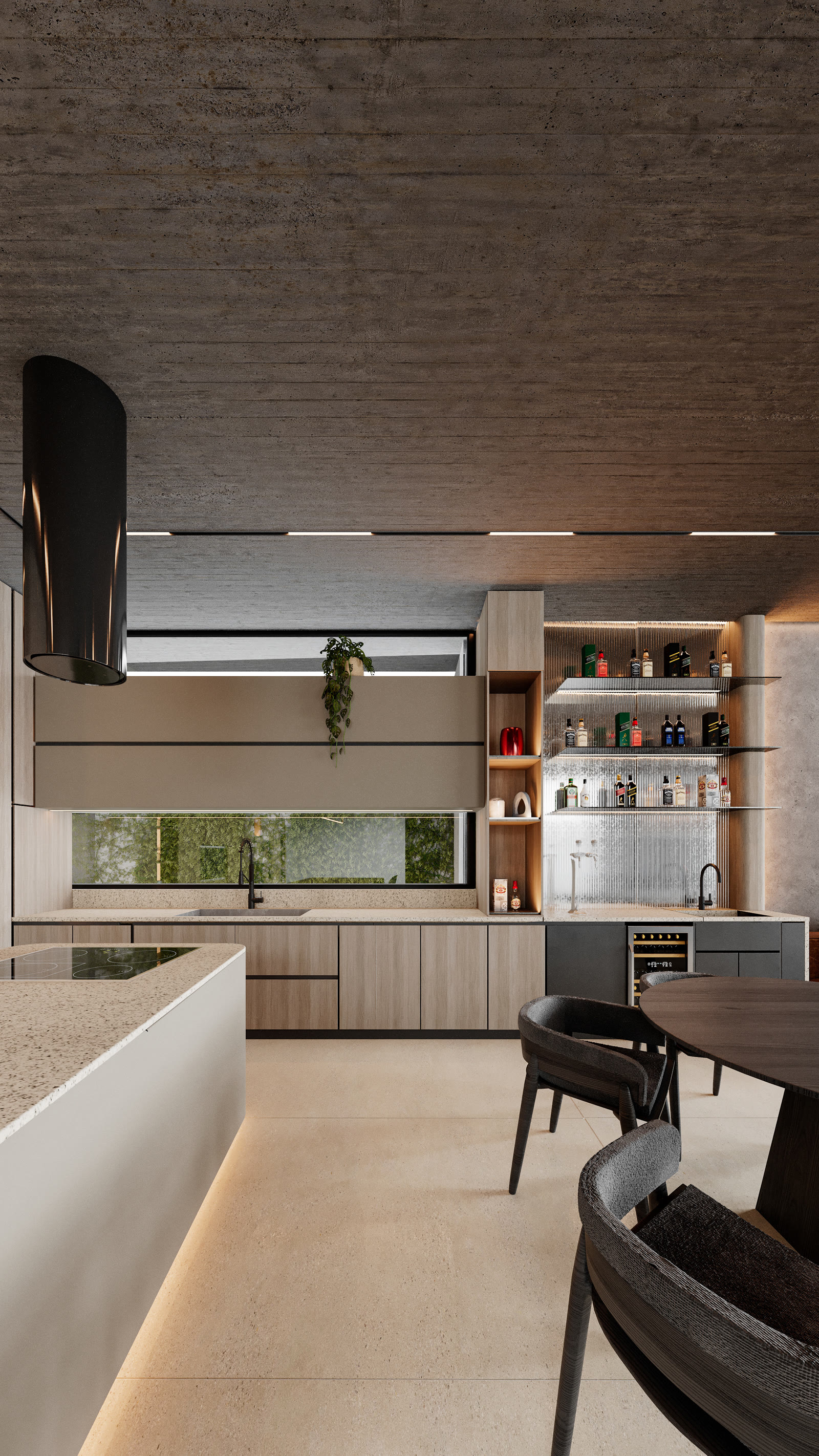 Cocina de C10 con isla monolítica y carpintería de madera