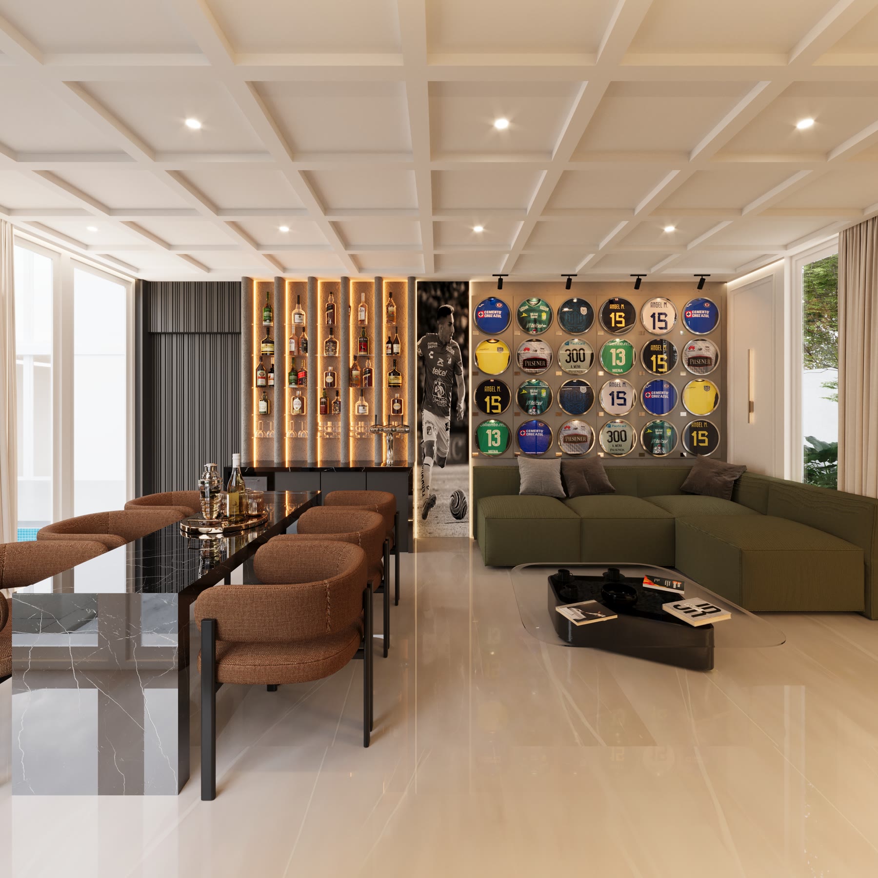 Man cave de Casa AM con paneles de madera, iluminación cálida y mobiliario a medida
