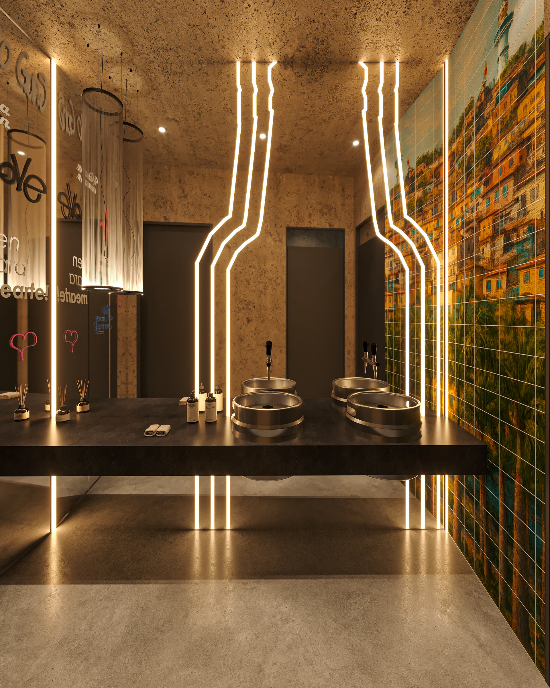 Baño de Casa Pilsener con siluetas de botellas en neón y lavamanos en forma de barril
