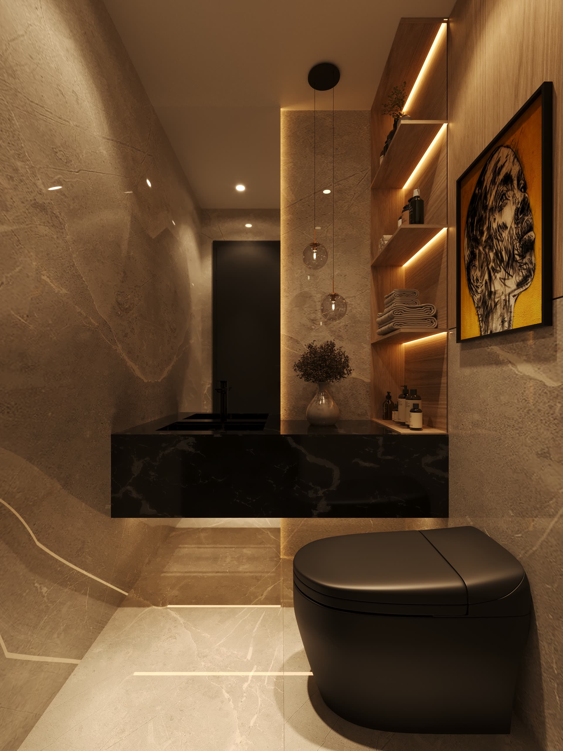 Baño de visitas revestido en piedra