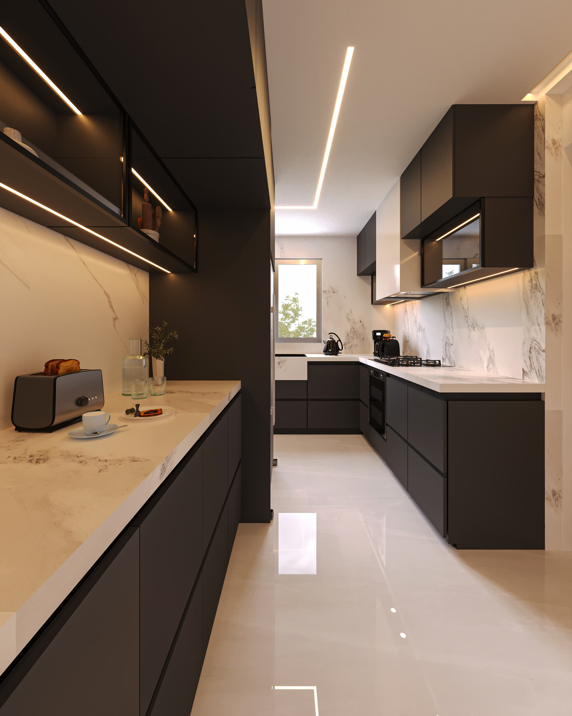Cocina en grafito con mesones de mármol