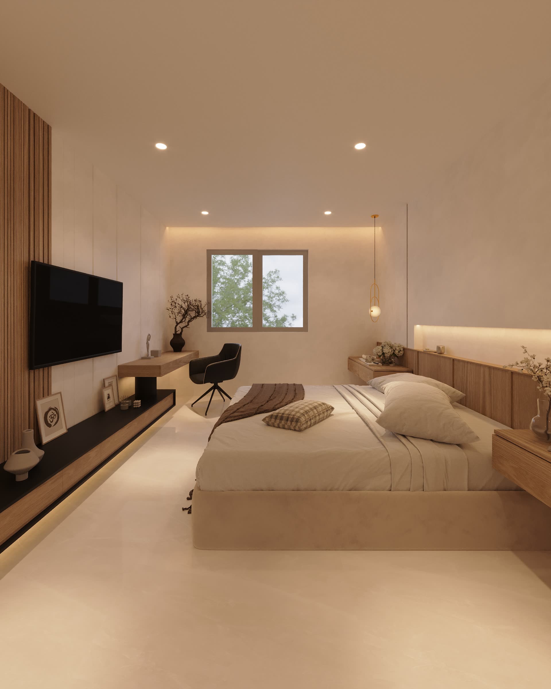 Dormitorio máster con cabecero de madera y escritorio