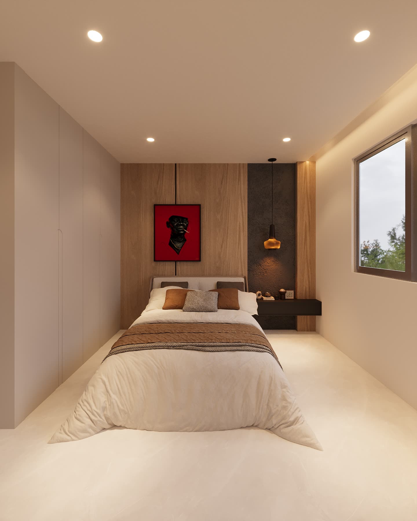 Dormitorio secundario con panel de madera e iluminación cálida