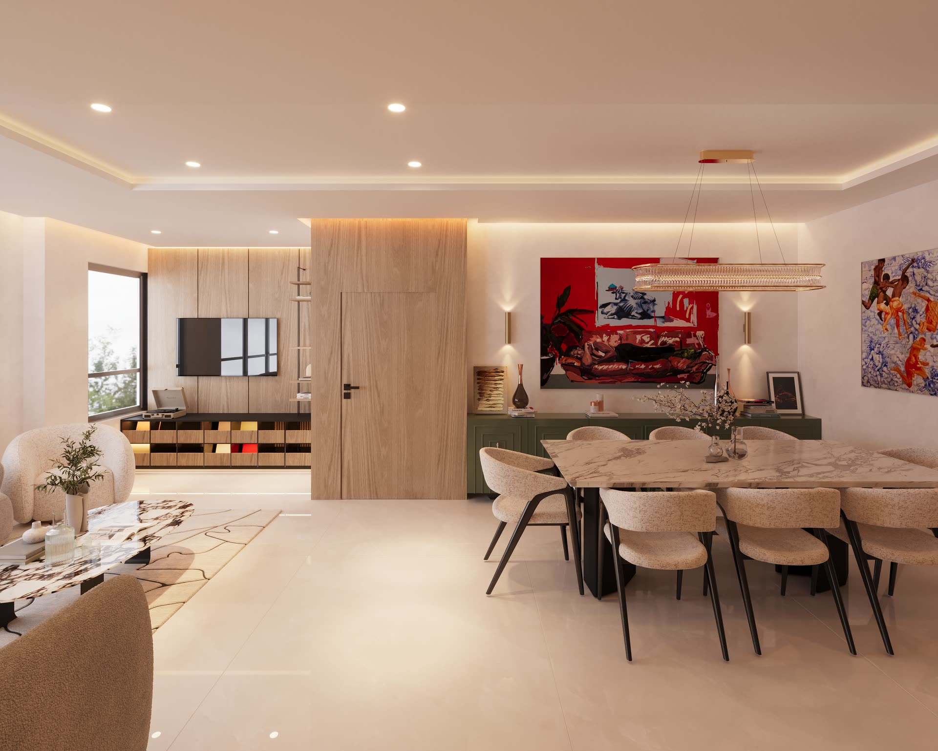 Sala y comedor integrados del departamento, con paneles de madera y arte