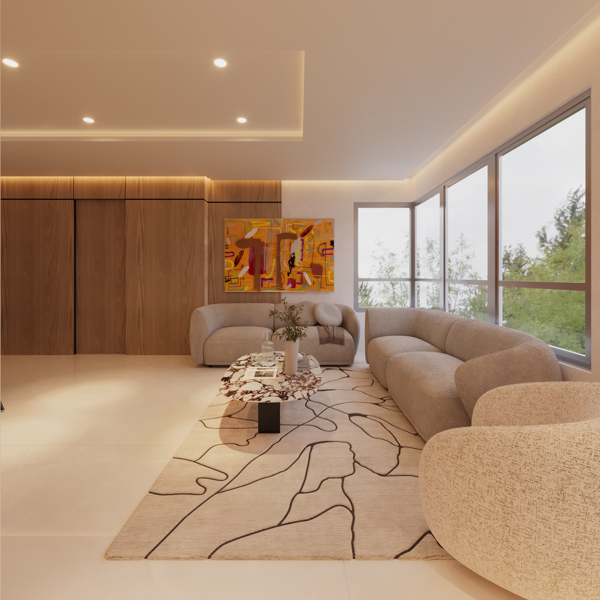 Sala del departamento con sofá curvo y alfombra de trazo