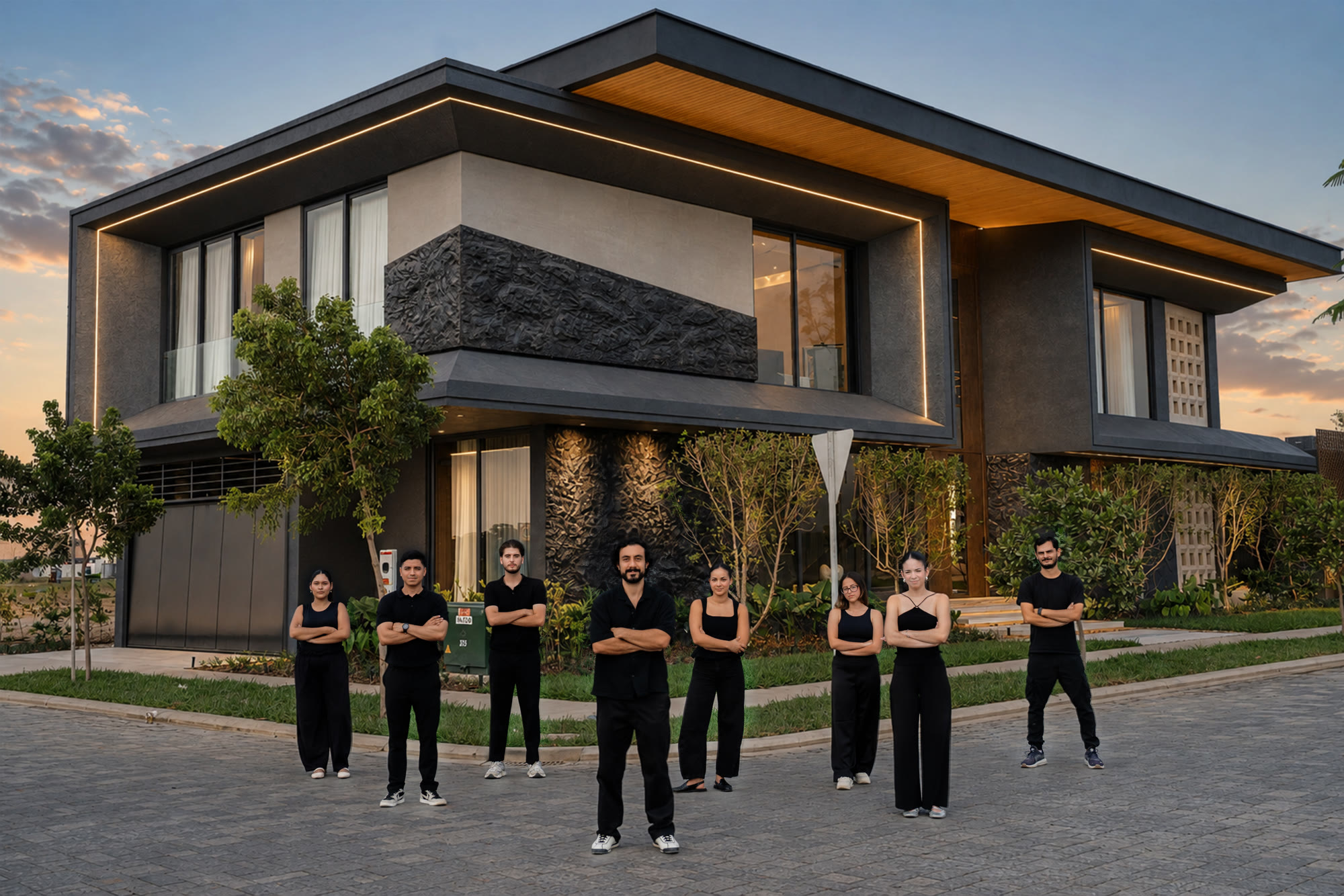 El equipo de EJ Arquitectura frente a una de sus obras terminadas