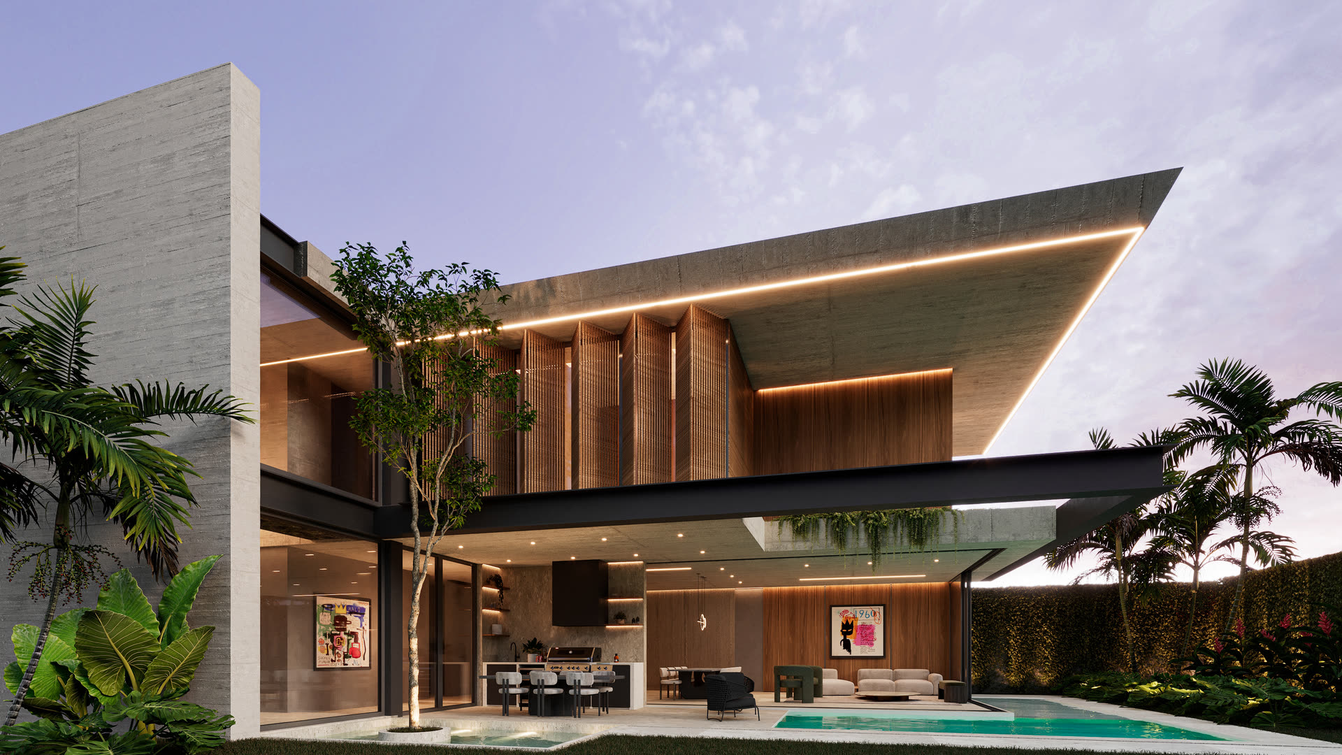 Fachada posterior de Casa A18 con losa de hormigón en voladizo, línea de luz y piscina