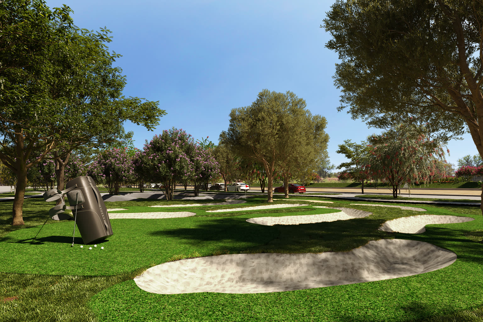 Área de mini golf integrada al paisajismo del conjunto
