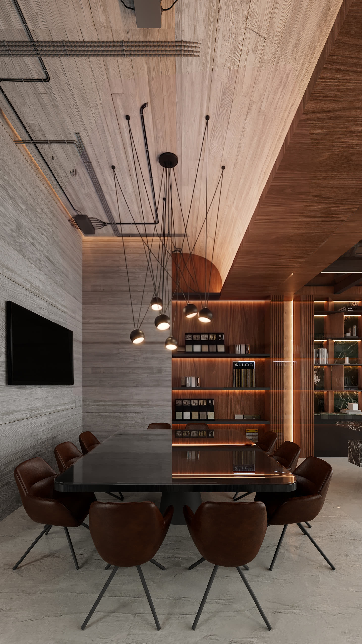 Sala de reuniones con techo curvo de madera, lámparas colgantes y biblioteca iluminada