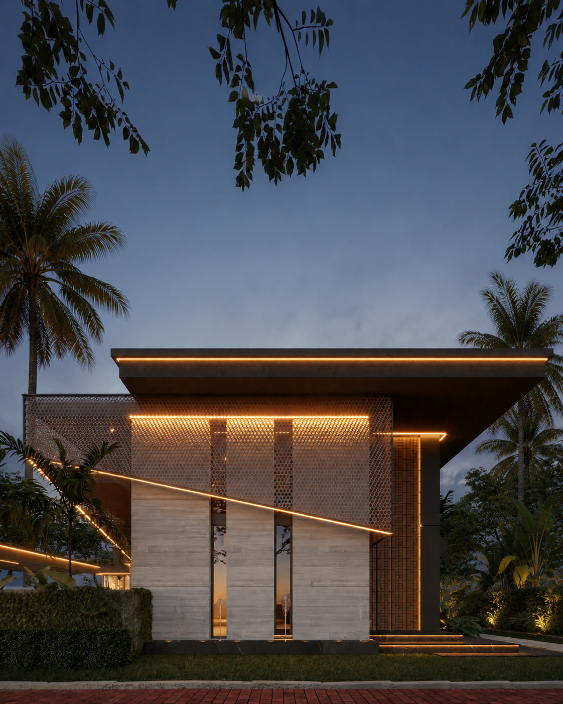 Fachada lateral con piedra, celosía y líneas de luz