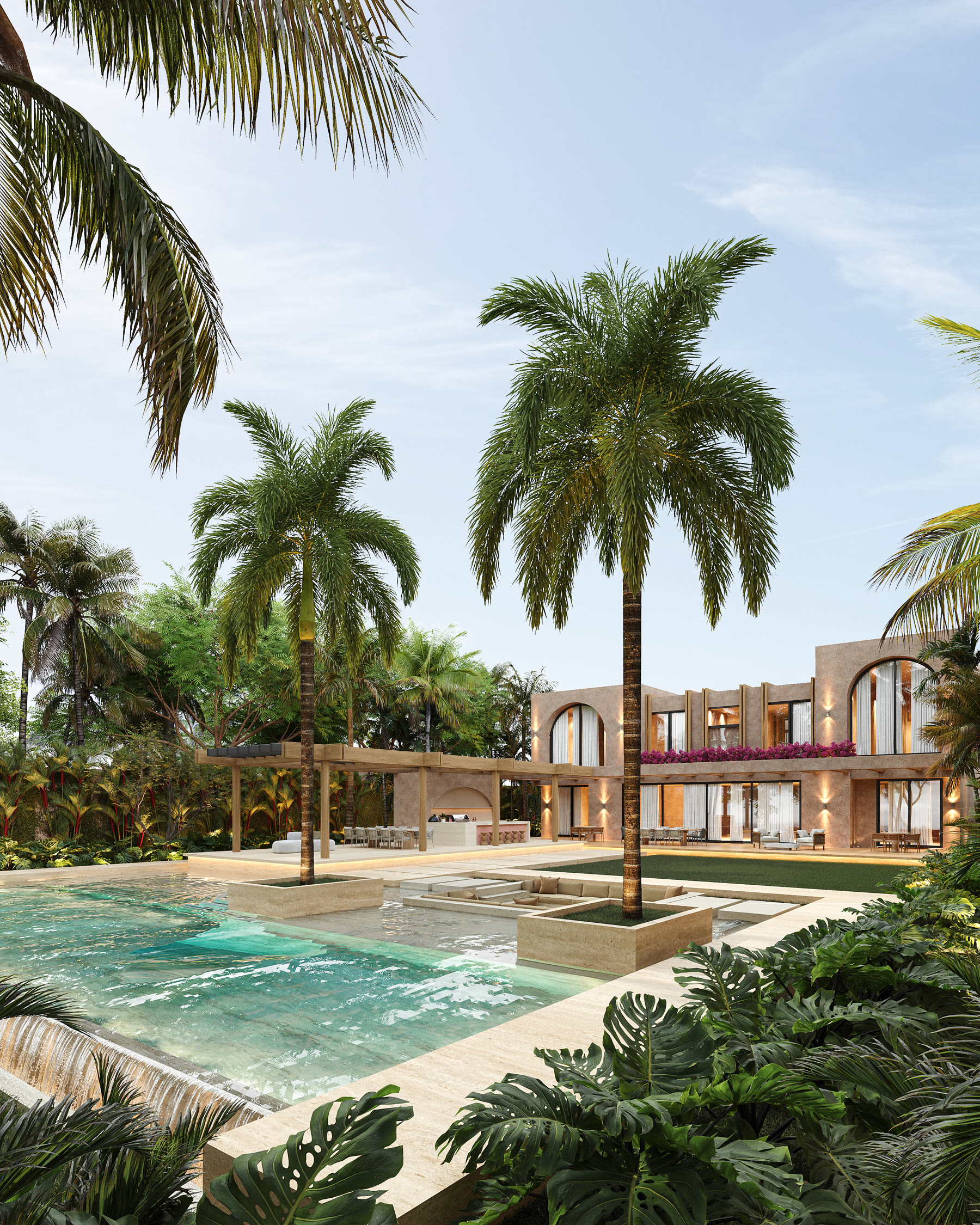 Piscina de Punta Cana rodeada de palmeras reales y plataformas de travertino