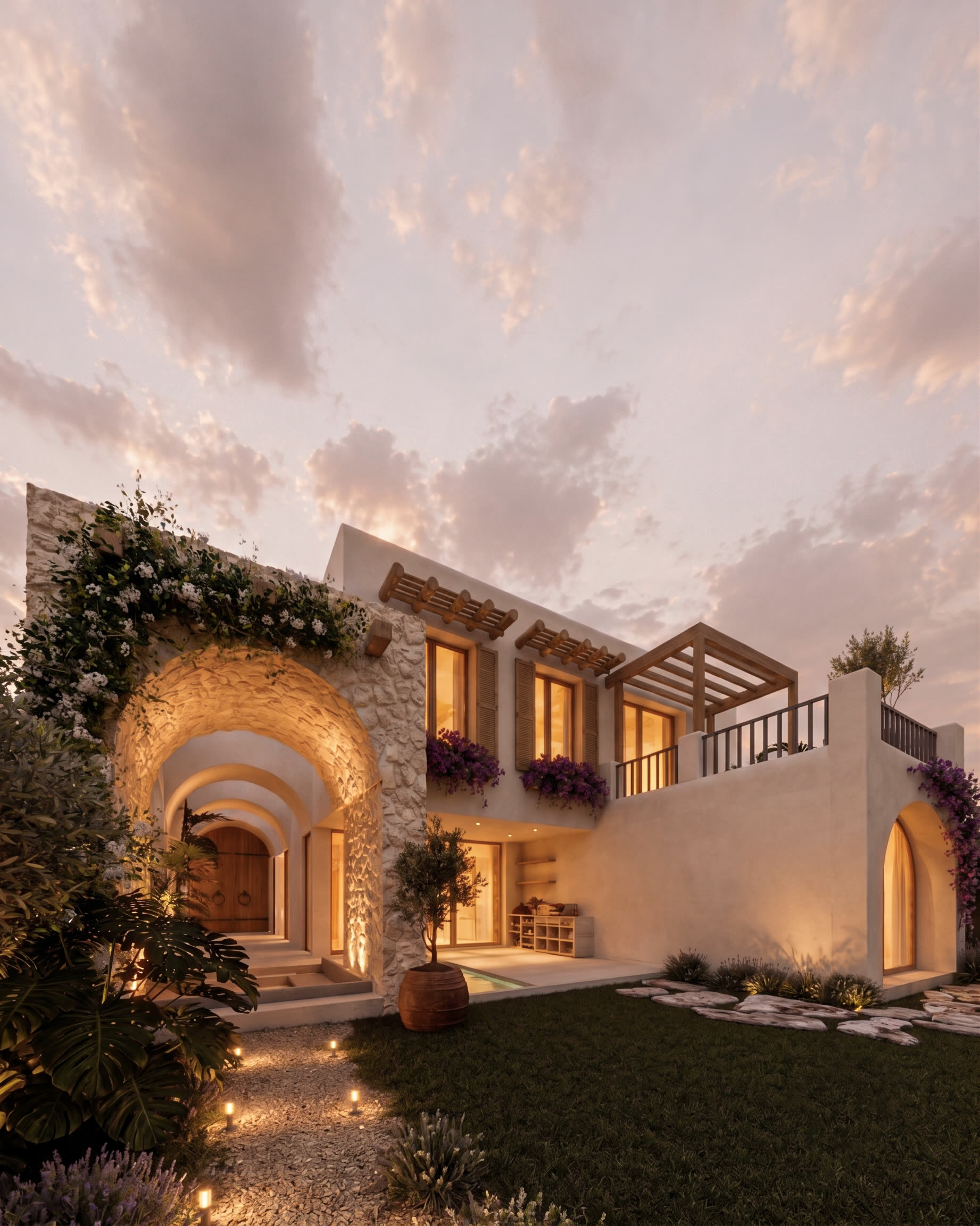 Casa S11 en Sol de Olón al atardecer, con arcos y volúmenes encalados