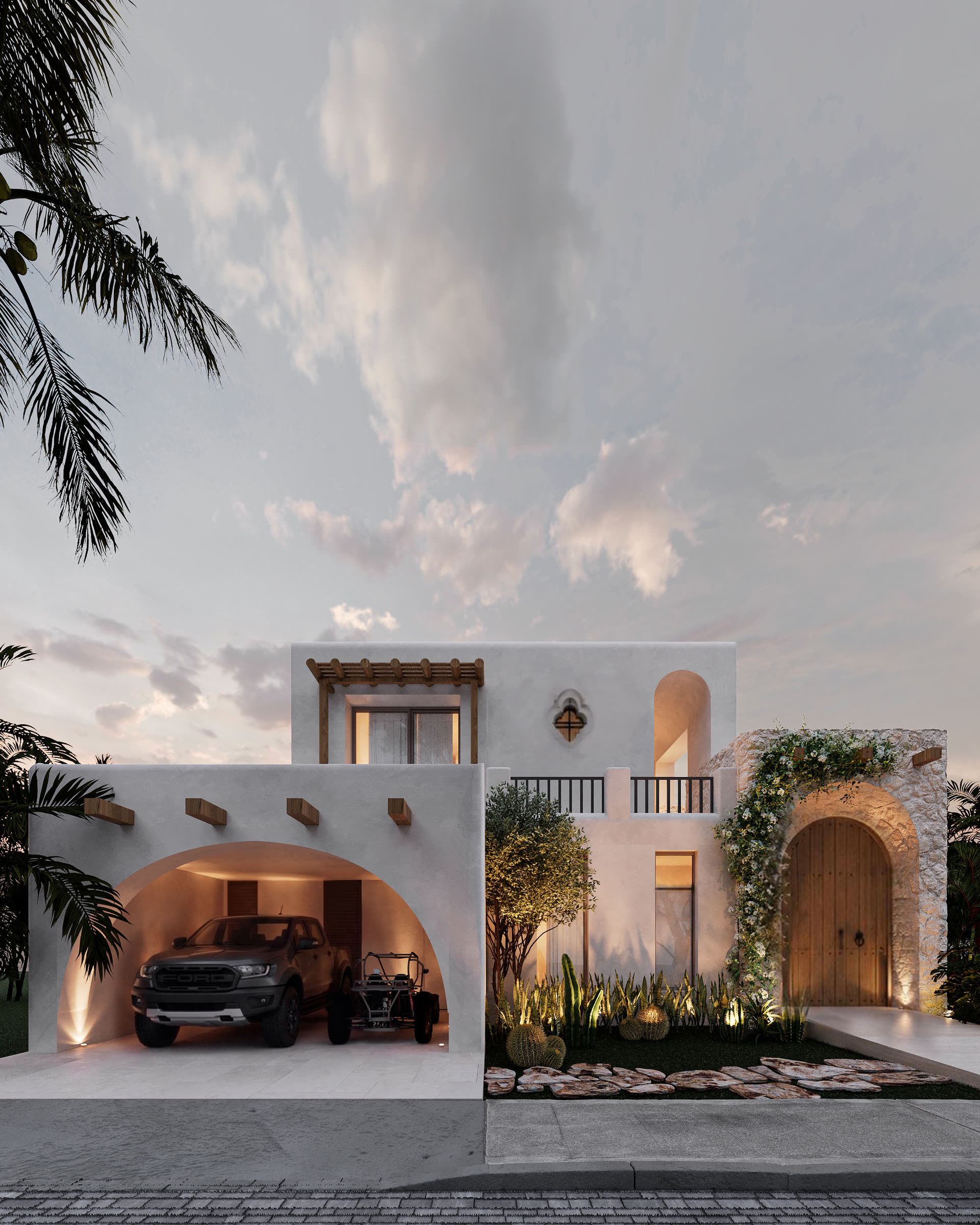 Fachada de la Casa S11 con garaje en arco y terraza superior