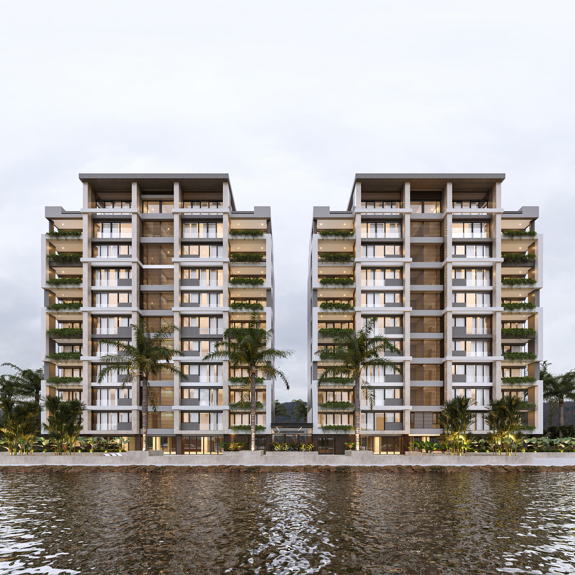 Torres de Moriah vistas desde el río, con balcones ajardinados