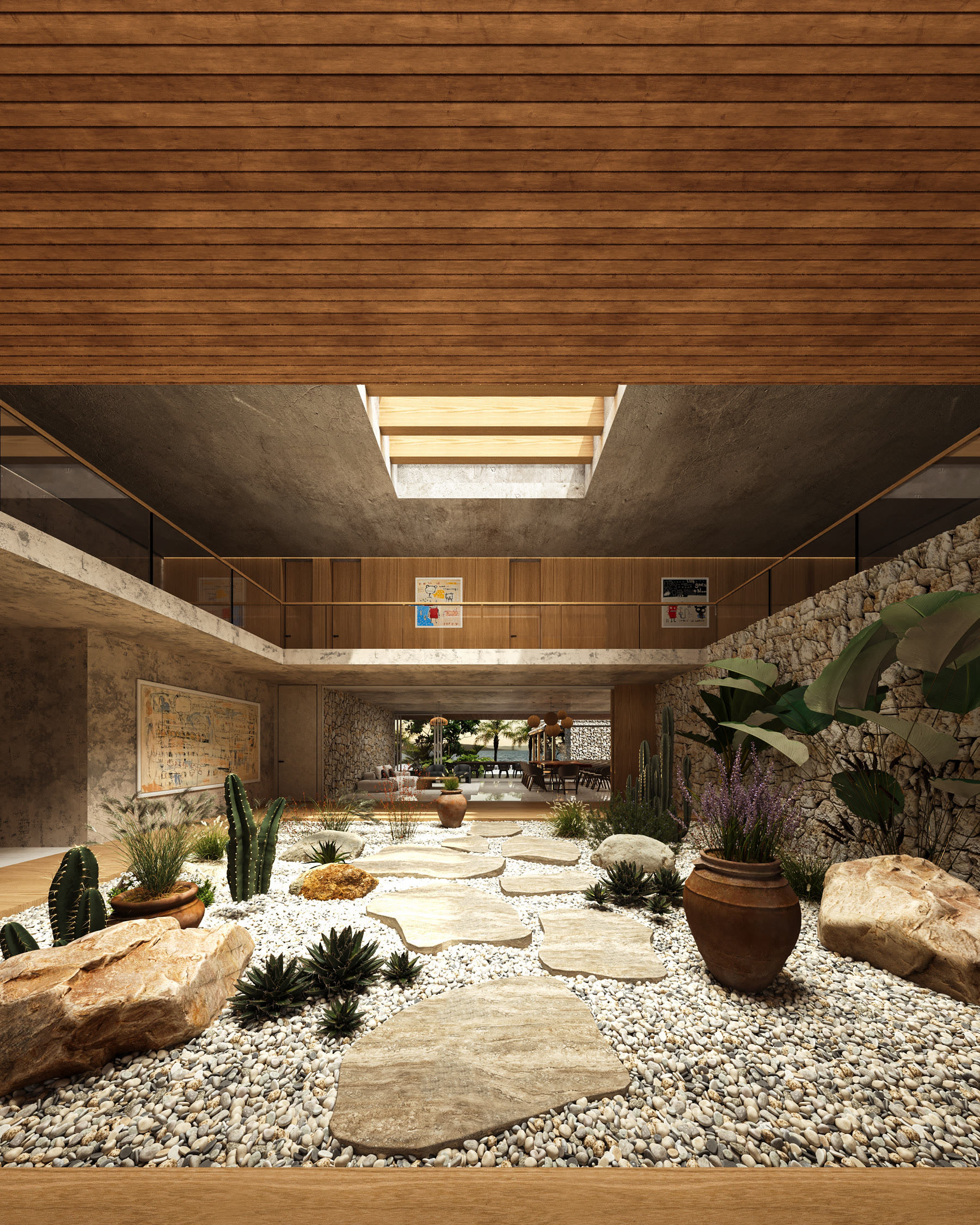 Ingreso principal de la casa en Ventura Resort, con patio interior de grava, piedra natural y cielo raso de listones de madera