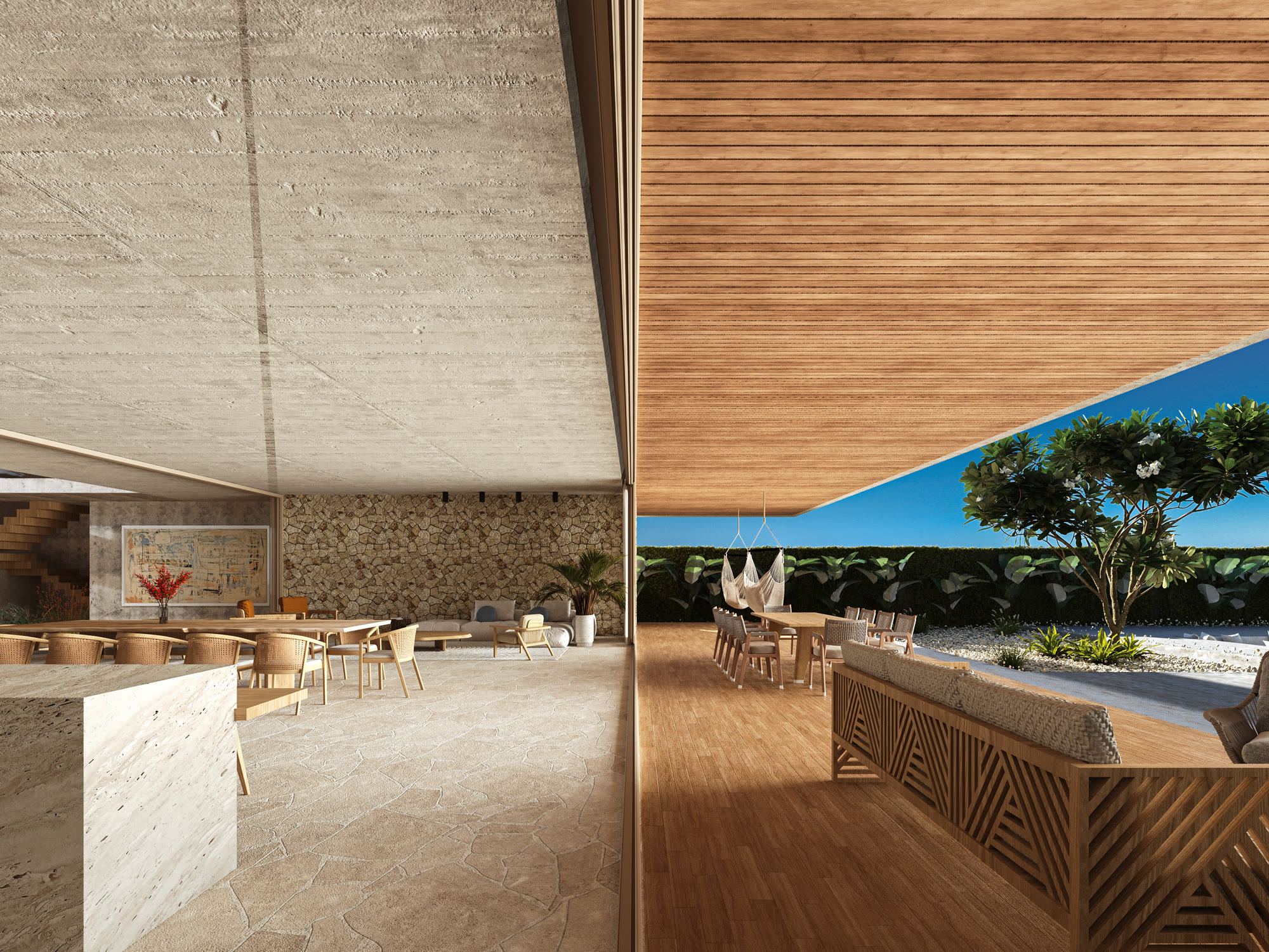 Sala, comedor y cocina integrados de la casa en Ventura Resort, con vista al mar