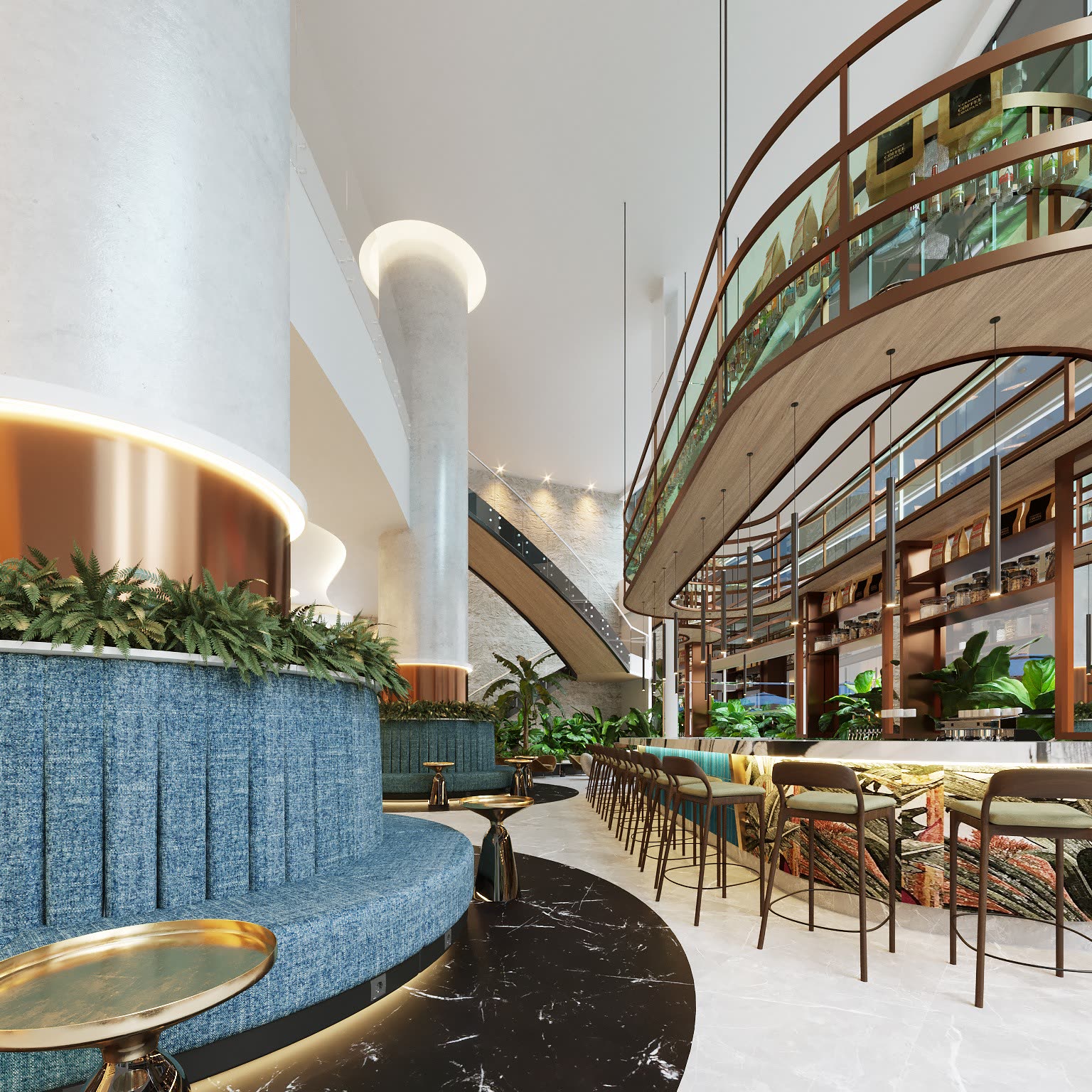 Atrio del hotel Wyndham con escalera curva y jardineras colgantes
