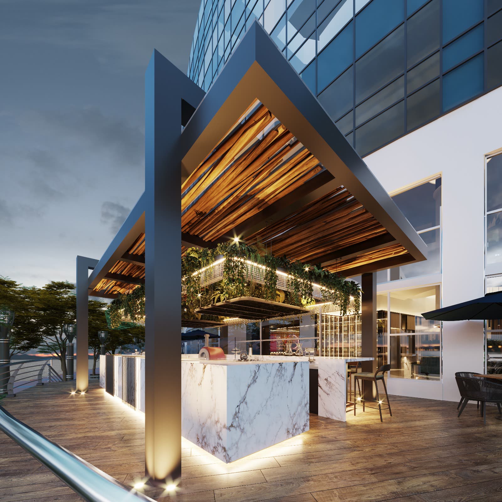 Bar en terraza con pérgola de madera y vista a las torres