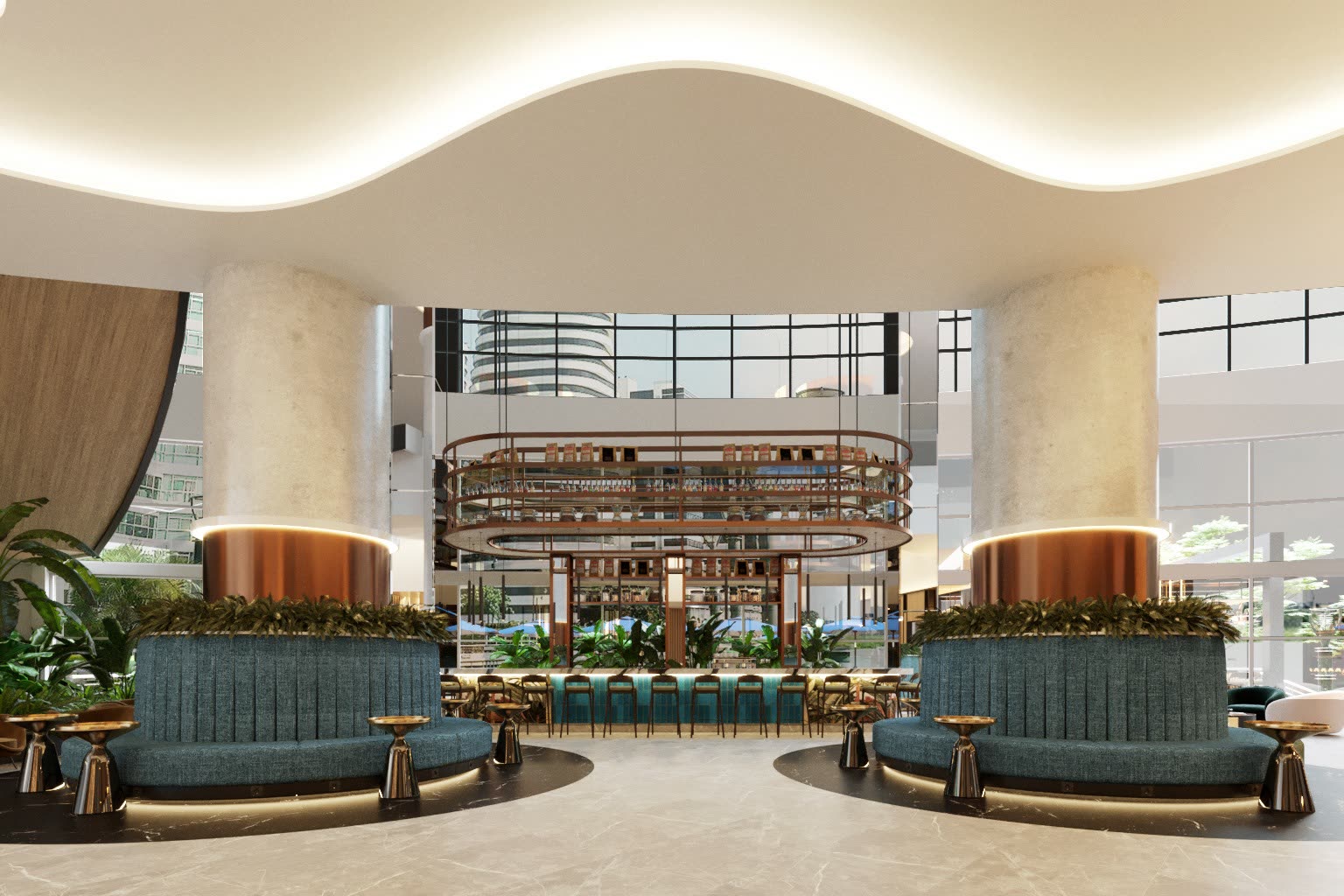 Lobby del hotel con sofás circulares y bar central