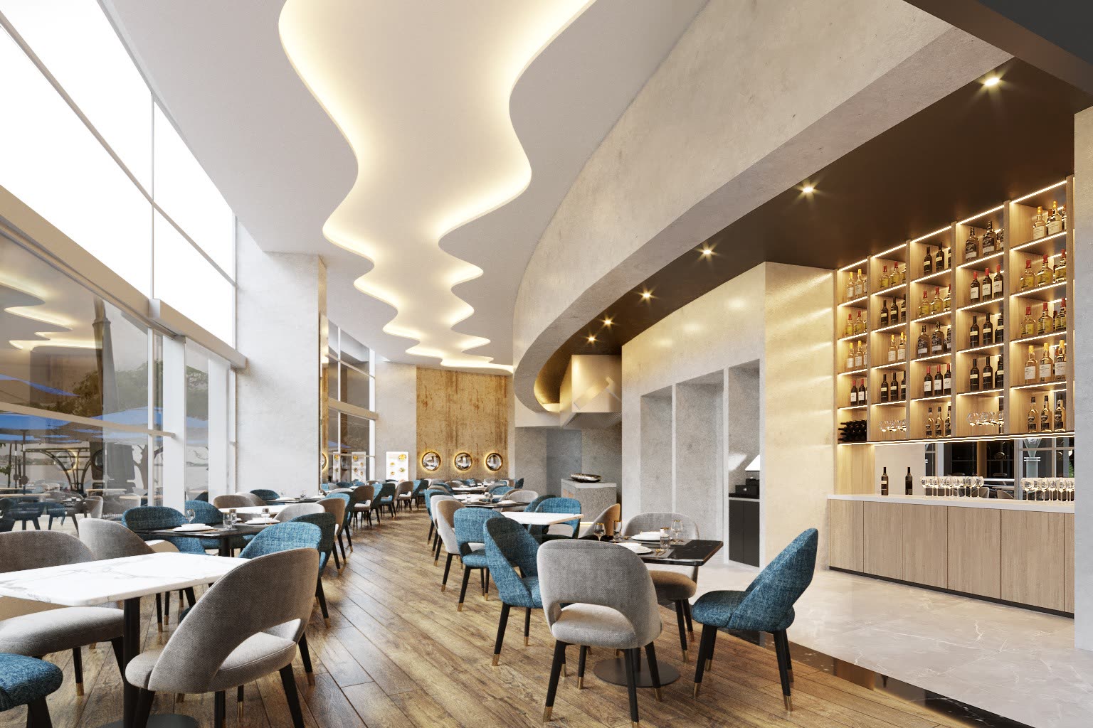 Restaurante del hotel con plafones curvos y barra de vinos