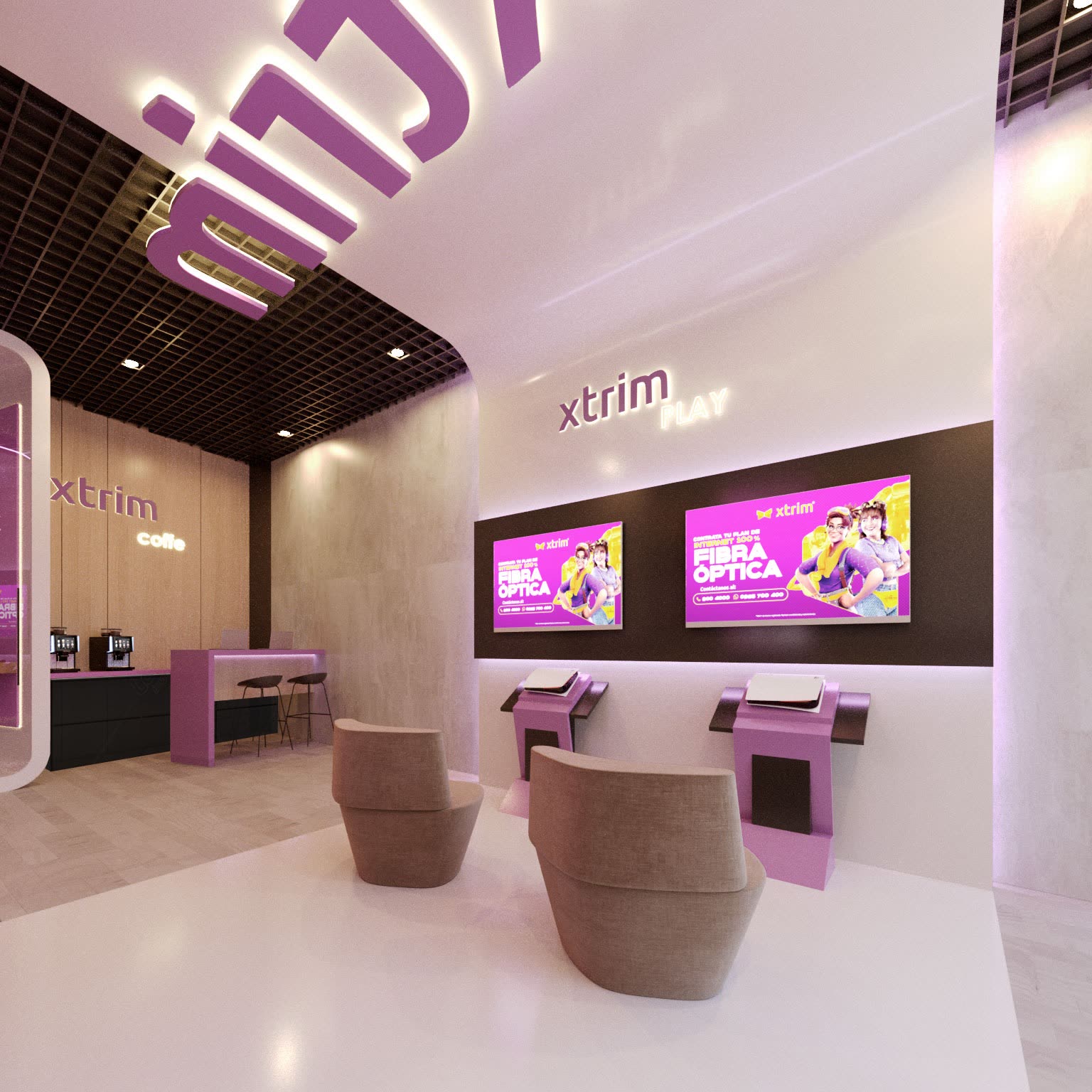 Área de atención de la tienda Xtrim con pantallas y butacas