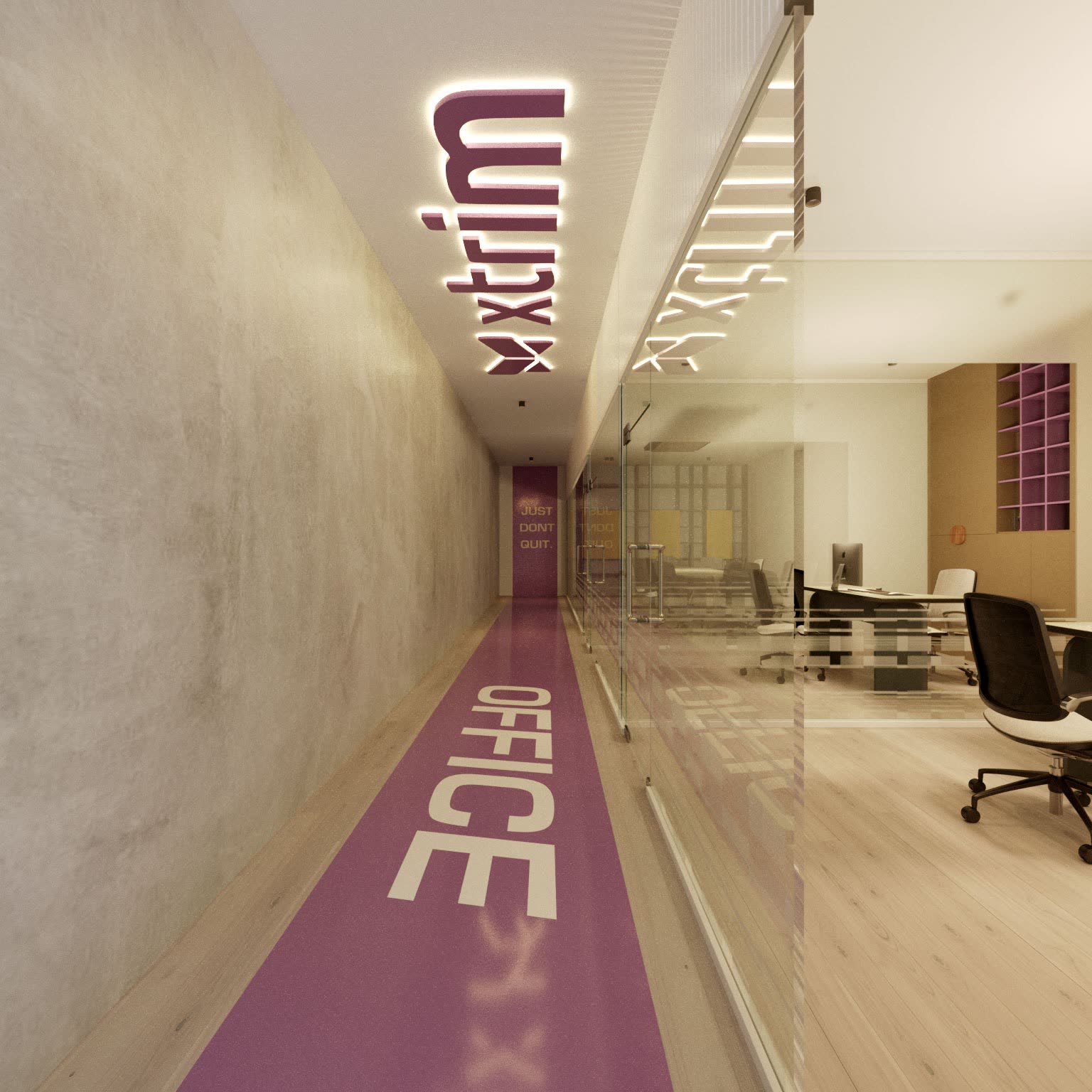 Corredor hacia las oficinas, con señalética en piso y logotipo iluminado