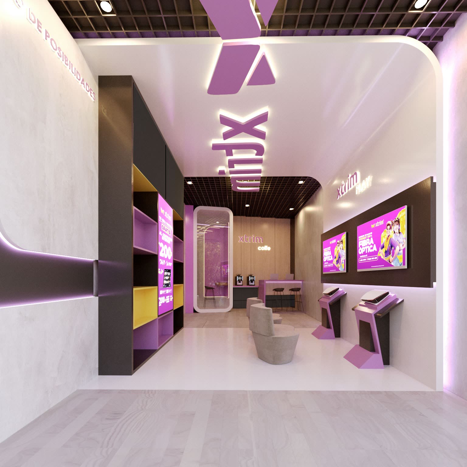 Vista de la tienda Xtrim con estantería de producto y sala de demostración